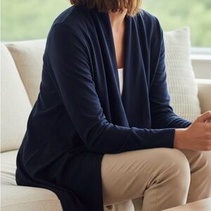 Lands' End Large Navy Blue Draped Cardigan Cotton Blend Open Front Stretchy